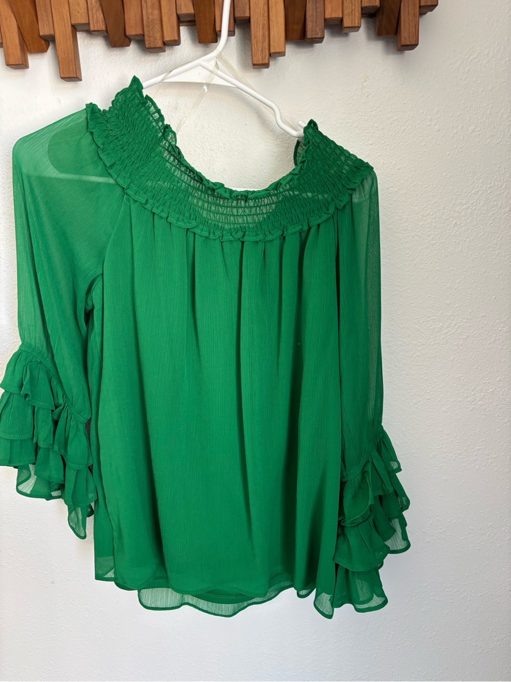 CeCe Emerald Green Smocked Neck Ruffle Sleeve Blouse